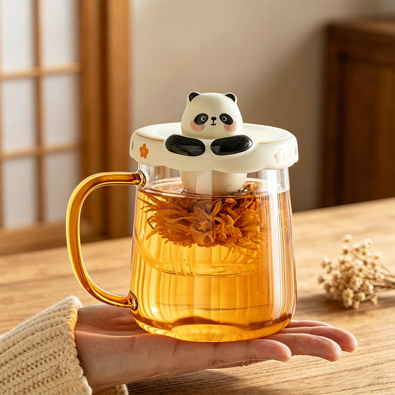 熊猫泡茶杯高硼硅玻璃水杯办公室茶水分离杯陶瓷带盖过滤水杯礼品