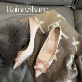 中跟名媛轻奢风带跟细跟尖头方扣水钻高跟女单鞋 富贵雨 新年单品