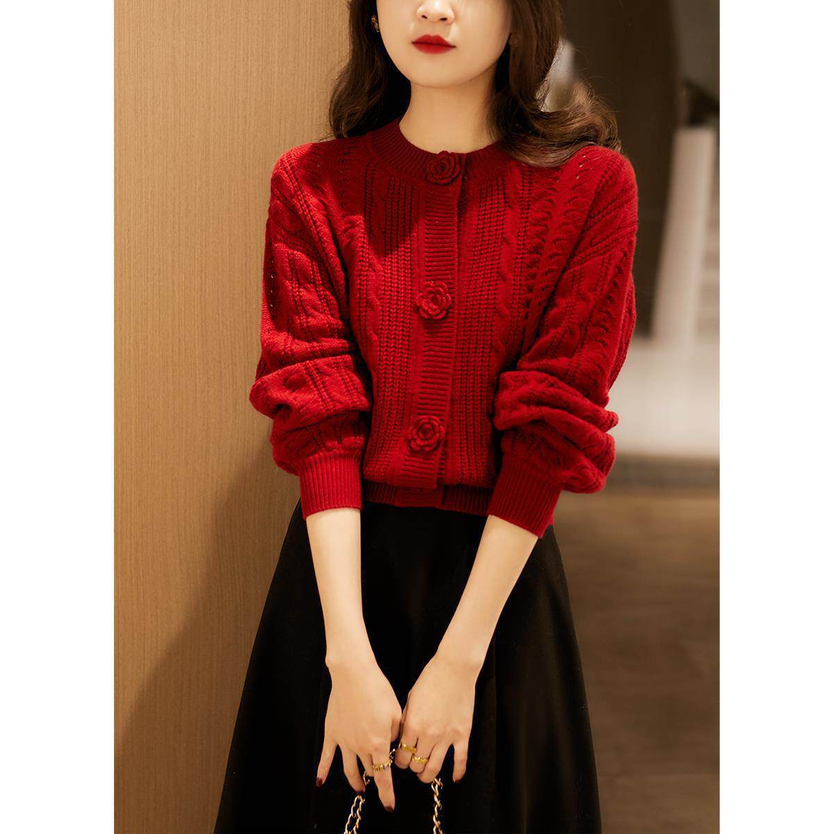 本命年红色羊毛针织开衫女秋冬慵懒高感圣诞氛围毛衣外套