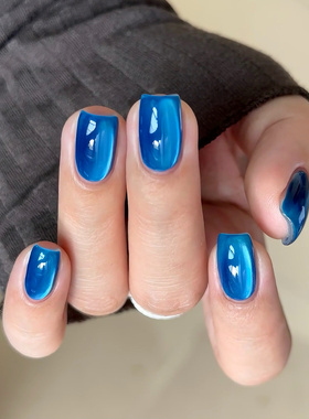 【湛蓝】纯手工穿戴甲短款显白玻璃蓝色猫眼2025夏季新款高级韩系