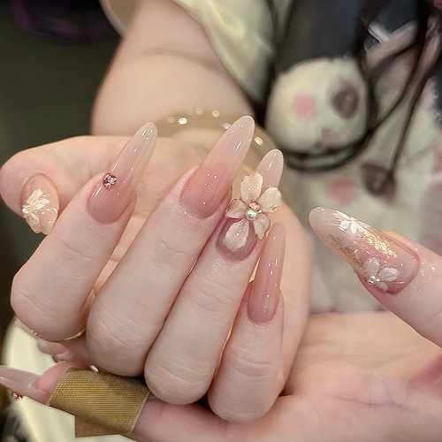 【花月】纯手工穿戴甲裸色新娘婚纱手绘花卉立体冰花2025新款高级