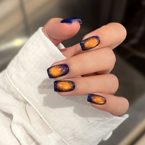 【魔术师】纯手工穿戴甲短款深蓝色橘色猫眼爆闪2025新款高级日常