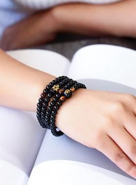 本命年黑曜石十二生肖六字箴言手链多圈虎眼手串男女礼物饰