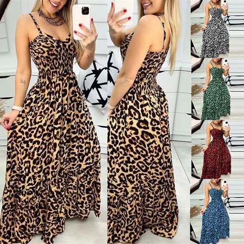 Leopard Vneck Sleeveless Strap Dress豹纹V领无袖吊带连衣长裙