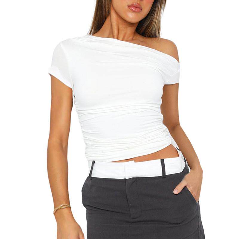 New diagonal shoulder short sleeved top Tshirt for women