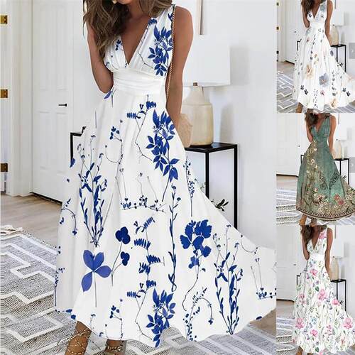 Printed Vneck Sleeveless High Waist Dress V领无袖高腰连衣裙