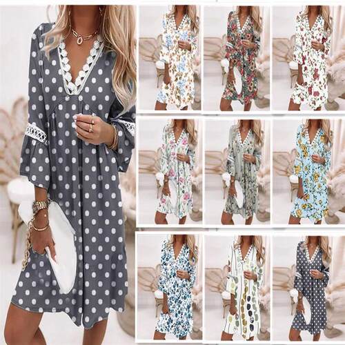 Printed Vneck lace long sleeved dress 印花V领蕾丝长袖连衣裙