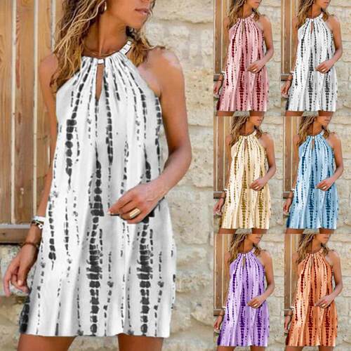 Printed neck hanging sleeveless dress 印花挂脖无袖套头连衣裙