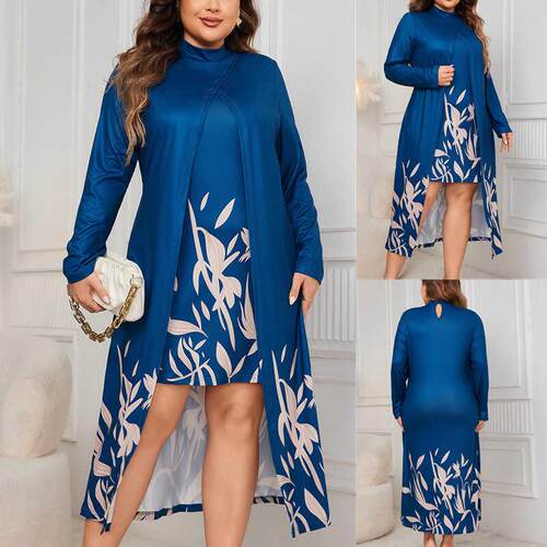 Fashion New Plus size Print Casual Women Dress 假两件连衣裙