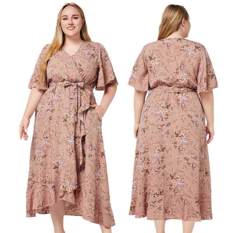Summer plussize Womens Vneck frilled dress 印花大码连衣裙
