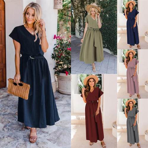 Vneck short sleeved loose waist dress V领短袖宽松腰连衣长裙