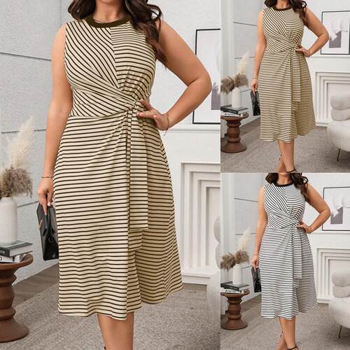 Plus size Elegant temperament striped dress 大码条纹连衣裙女