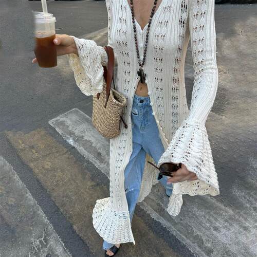 Women Knitted Dress法式度假风镂空毛织外套休闲长款开衫连衣裙