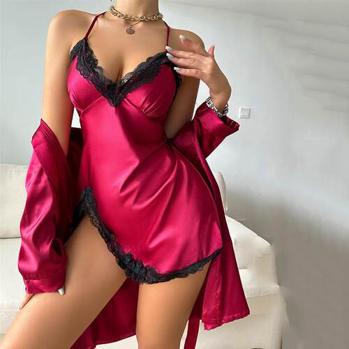 Womens Vneck lace edge backless suspender sleepwear dress
