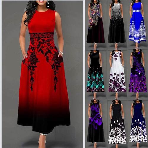 Printed round neck short sleeved dress女士印花圆领短袖连衣裙