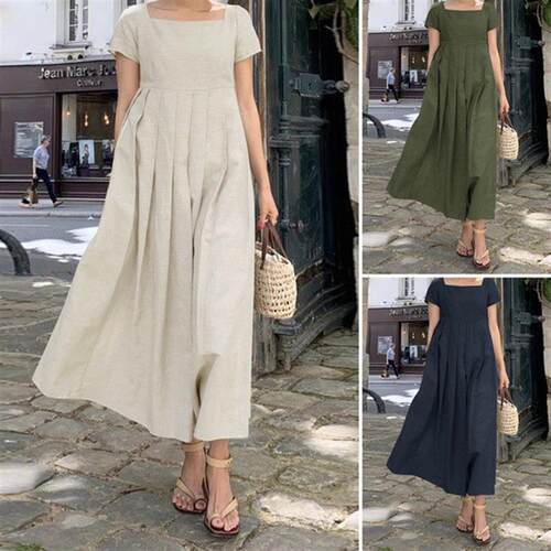 Square neck short sleeved long dress纯色方领短袖长款连衣裙女