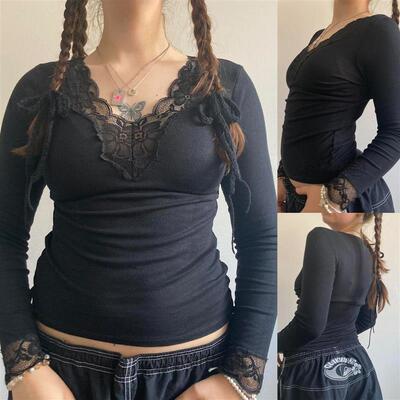 Womens Long Sleeve Tshirt Top Lace Spicy Girl Top