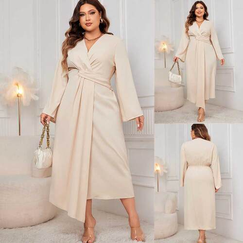 Plus size Vneck women Long sleeve Stylish dress连衣裙XL5XL