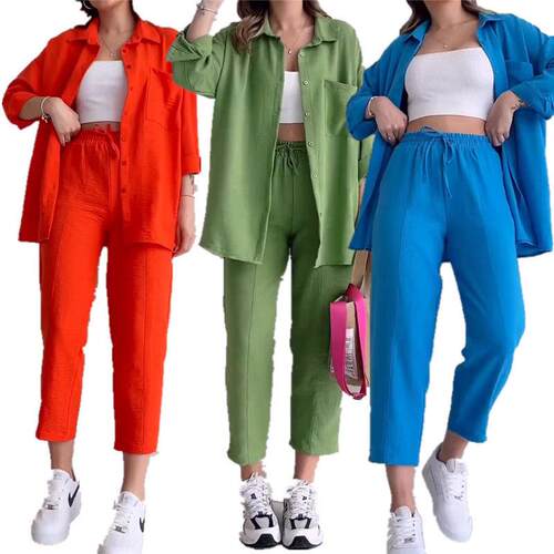 Casual long sleeved shirt trousers women two piece衬衫两件套