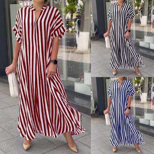 Striped Short Sleeve Loose Waist Dress条纹短袖宽松腰连衣长裙