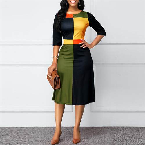 Printed Contrast Round Neck Slim Fit Dress印花圆领修身连衣裙
