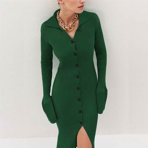 Solid color lapel flared sleeve dress 纯色翻领喇叭袖连衣长裙