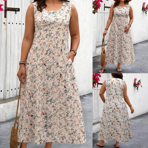 Plus size women Sleeveless print long dress 大码女装长连衣裙