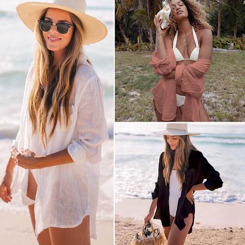beach cover up bikini women overall dress long white shirt