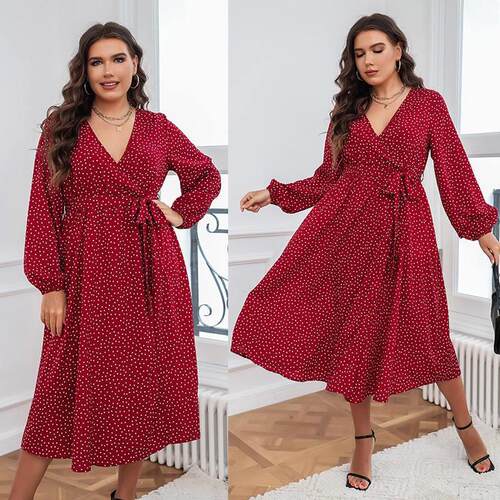 Plus size women Polka dot long sleeve Vneck party red dress