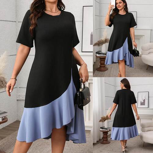 Plus size women dress summer XL4XL大码女装拼接短袖连衣裙