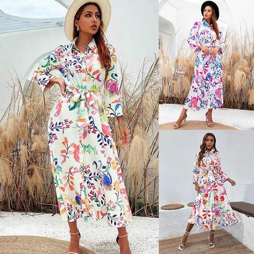 Polo Collar Long Sleeve High Waist Dress翻领长袖高腰连衣长裙