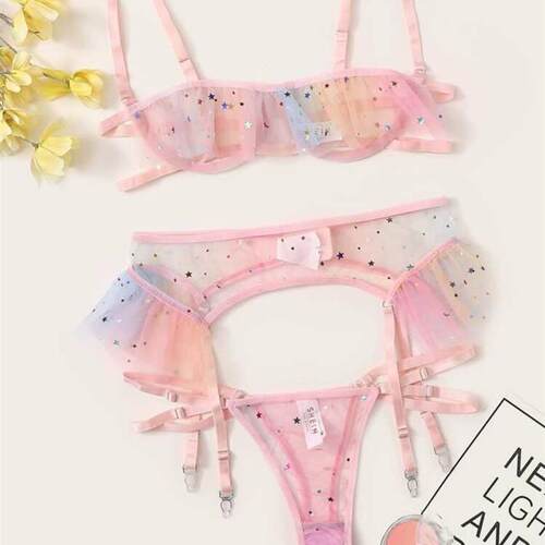 Womens pink mesh starry sky pattern underwear set