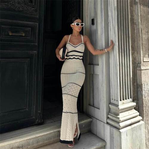 Sexy knitted long dress 欧美拼色波西米亚风镂空针织吊带连衣裙