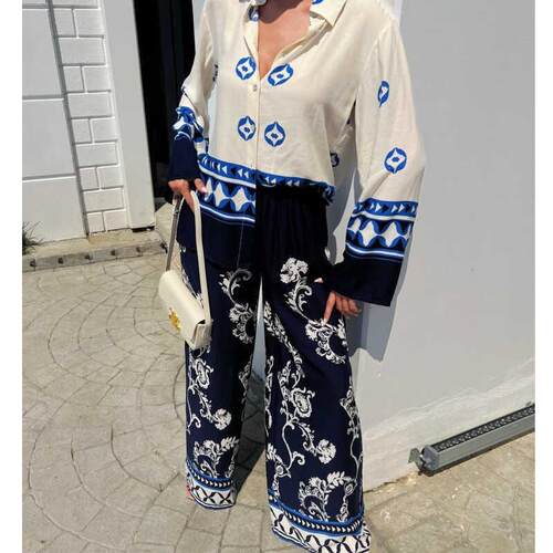 2024 Print shirt blouse baggy pants women Two piece suit套装