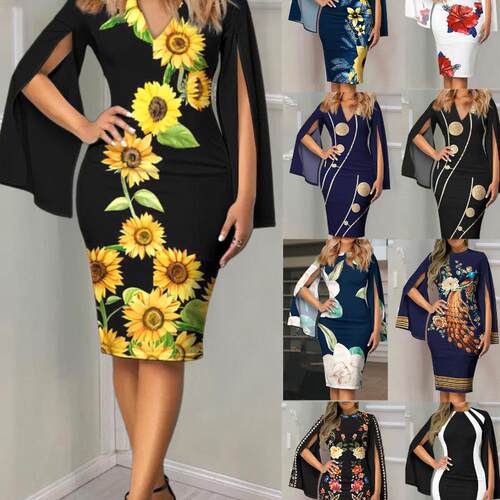 Printed Round Neck Flare Sleeve Dress 印花圆领喇叭袖连衣裙女