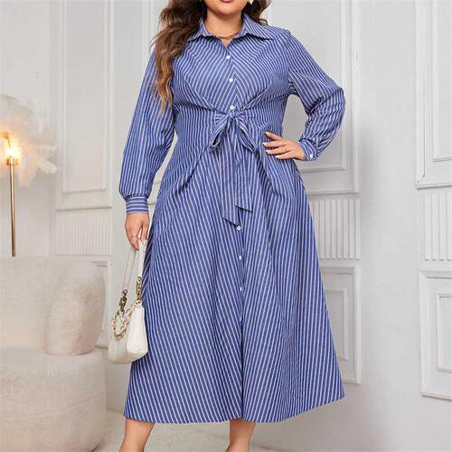 Plus Size Women Long Sleeve Shirt Dress大码条纹长袖连衣裙女