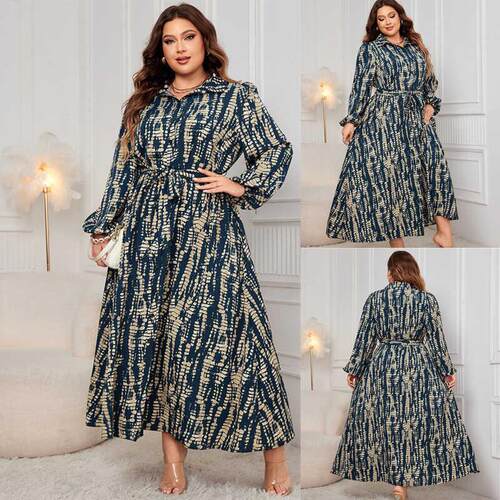 Plus Size Fashion Women Floral Dress with Long Sleeves大码裙