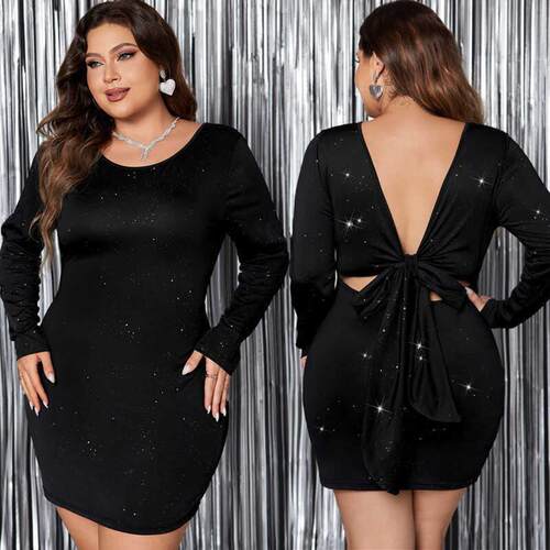 Autumn womens plus size bow backless long sleeved dress大码