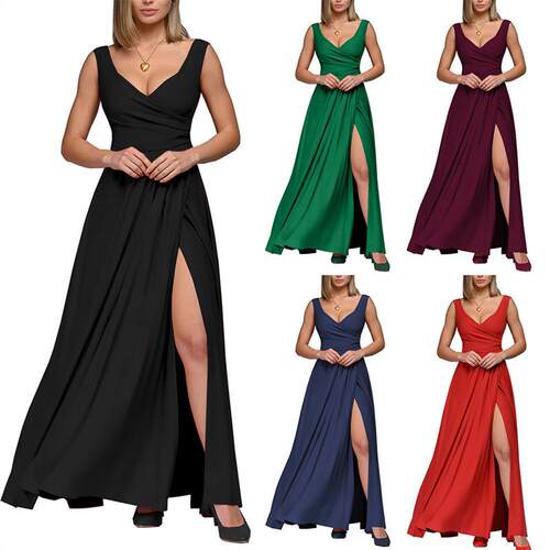 Solid Vneck Sleeveless Waist Dress纯色V领无袖收腰大摆连衣裙