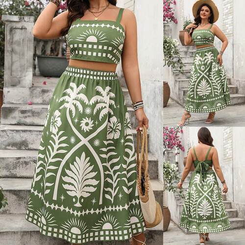 Plus size women print dress sexy Two piece skirt set两件套裙