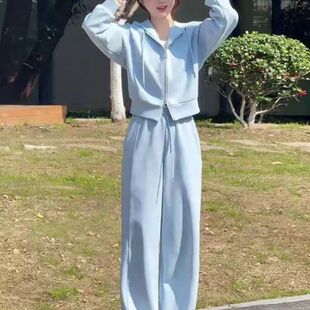 时尚减龄运动服套装女春秋宽松显瘦短款连帽卫衣阔腿裤休闲两件套