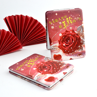 玫瑰花化妆镜皮面镜网红折叠双面化妆镜女士随身镜迷你放大小镜子