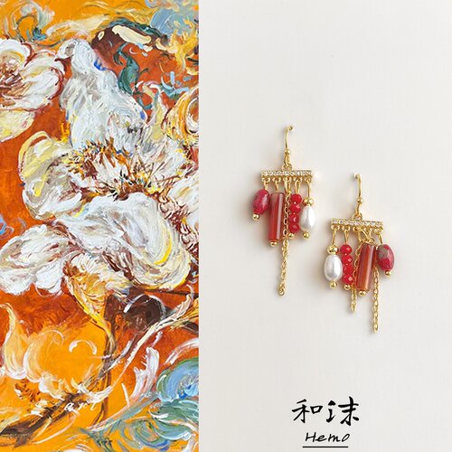 和沫原创镶锆石淡水珍珠流苏耳环