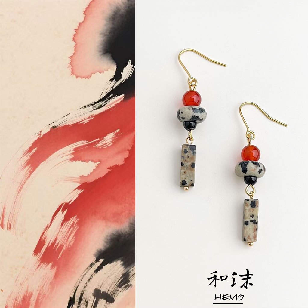 国潮原创斑点石流苏耳环民族风文艺红玛瑙耳钩复古高级感小众耳饰