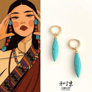 耳饰 藏族风合成绿松石耳环民族风耳扣文艺个性 Hemo手作 丁真同款