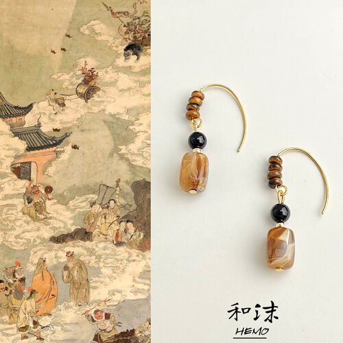 Hemo原创复古虎眼石玛瑙树脂耳饰