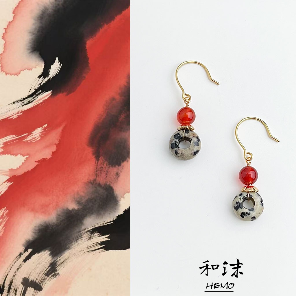 国潮原创斑点石红玛瑙耳环复古几何圆形耳钩民族风小众文艺耳饰女