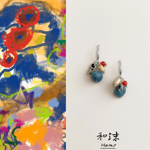 和沫原创彩色撞色天然石流苏耳环