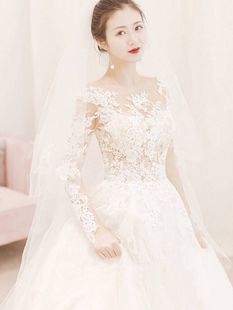 出租主婚纱礼服2026新款新娘一字肩拖尾公主长袖简约齐地女轻租赁