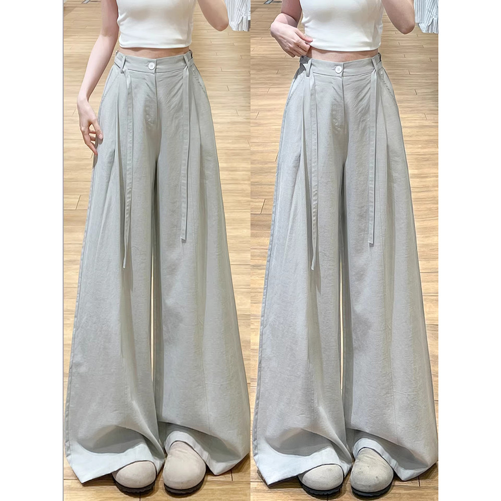 浅灰色慵懒风西装裤女2026夏季薄款高腰显瘦垂感系带小个子阔腿裤